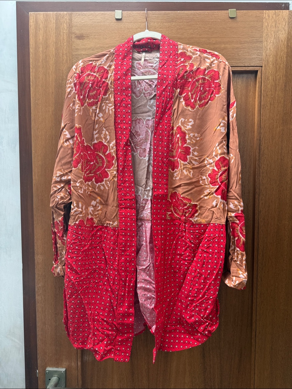 Free People Red and Tan Floral rayon Kimono